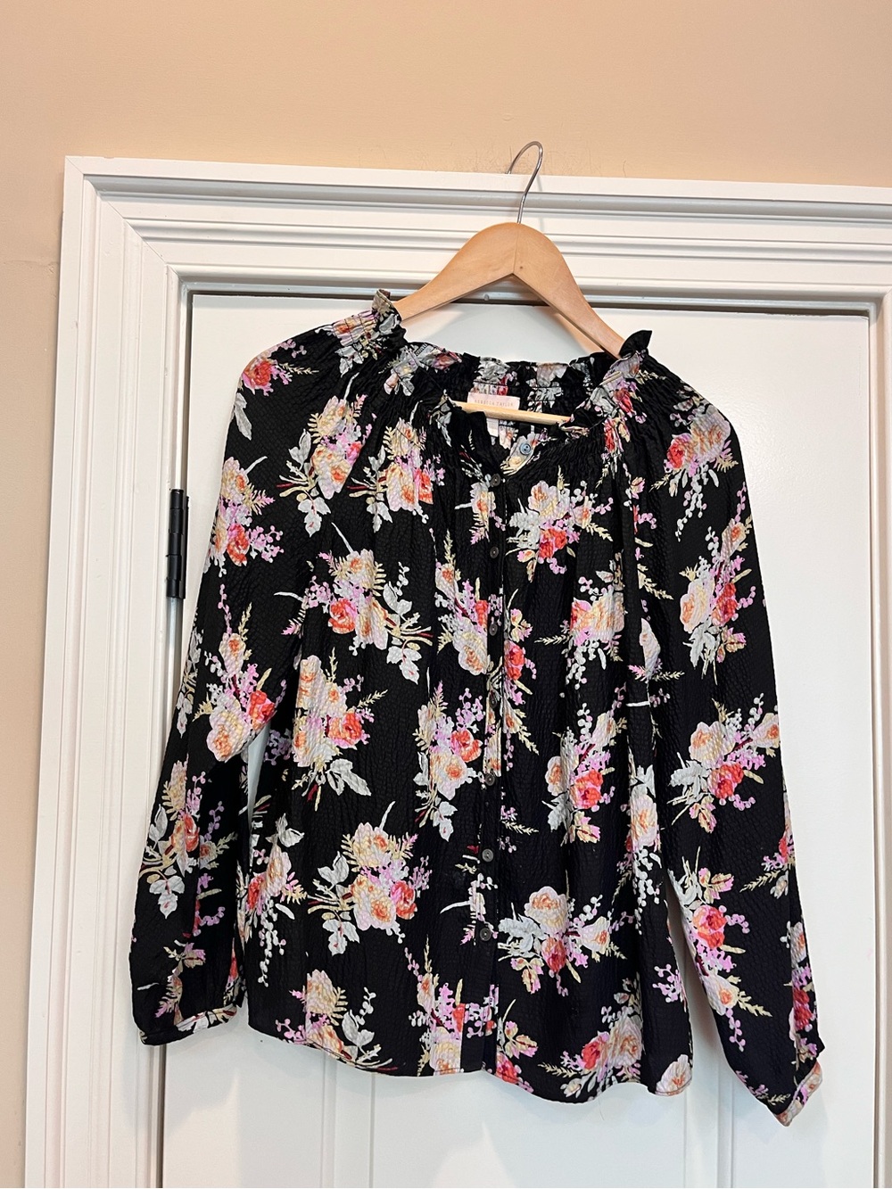 Rebecca Taylor Black Floral Button-Front Blouse 100% Silk